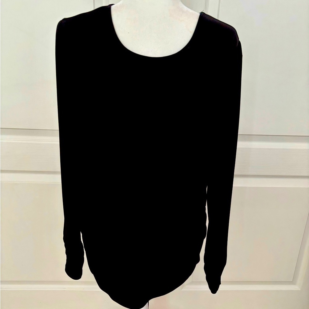 Cato Black Ruched Tunic Top XL – Sleek Stretch Long Sleeve Crew Neck